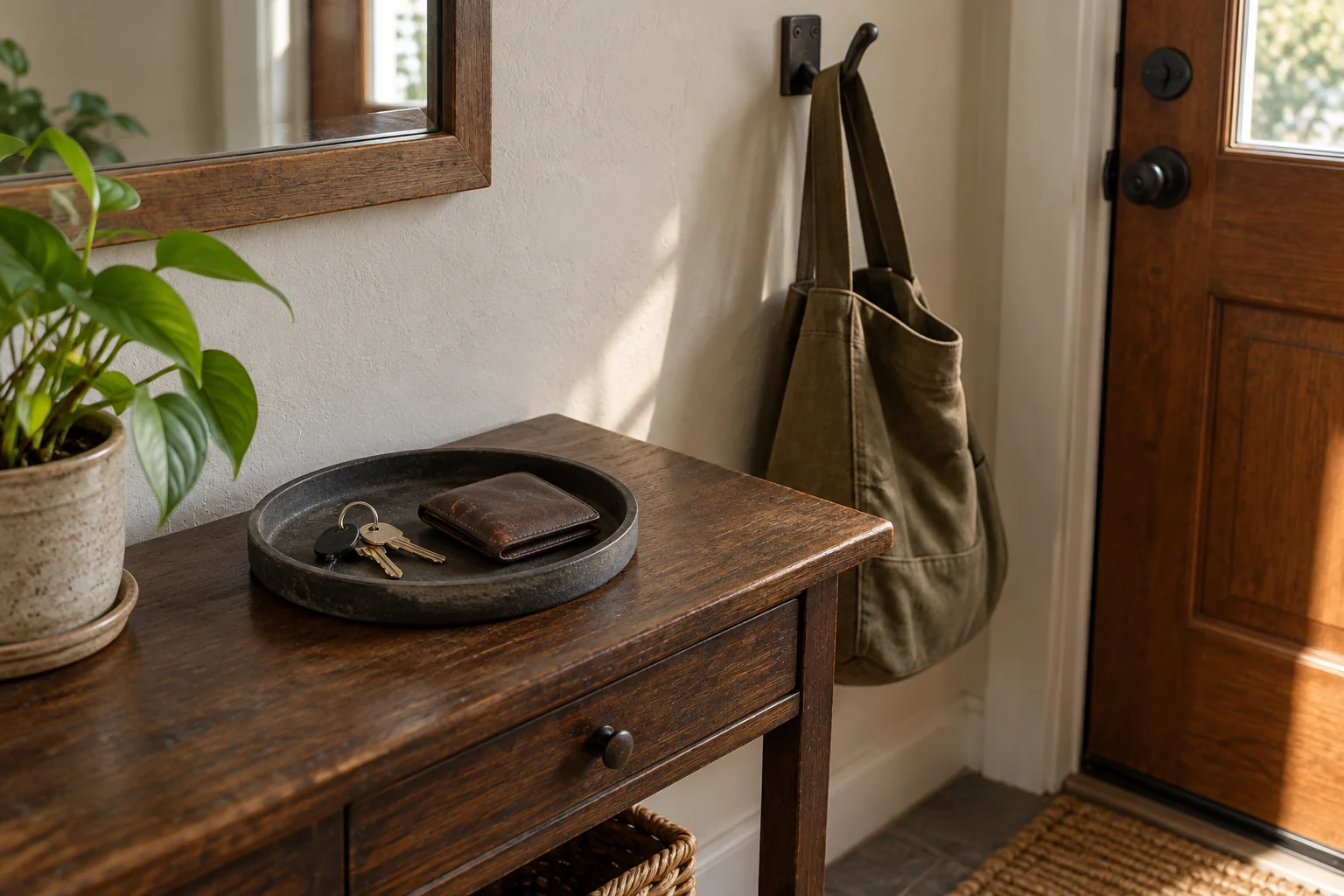 Keys and a wallet in a shallow tray on an entryway table, with a bag hanging beside the door