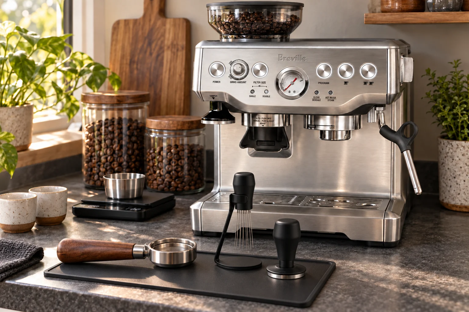 Coffee station with a stainless steel espresso machine, beans and tools arranged on a home kitchen counter