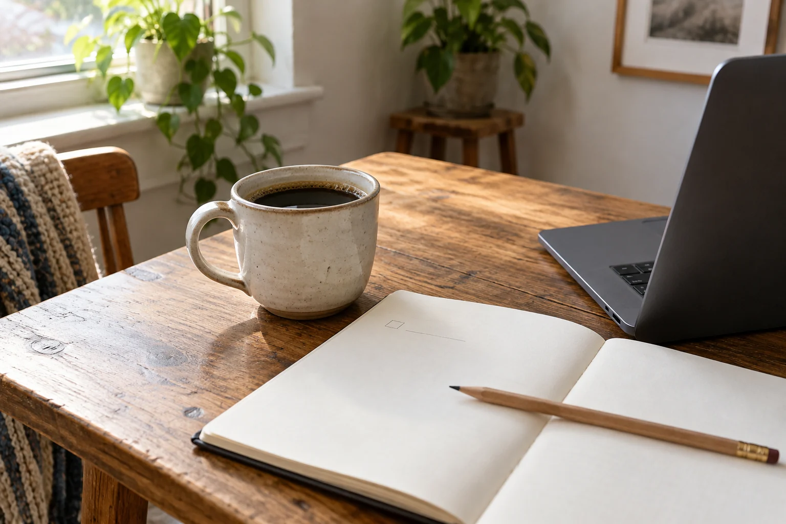 A ceramic mug of coffee beside an open notebook, a pencil and a laptop on a worn wooden table near a window